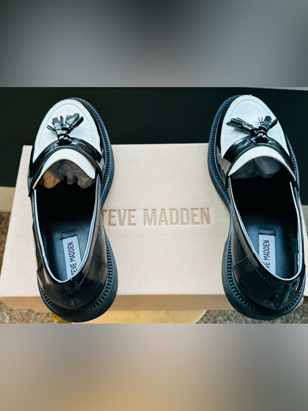 Steve Madden Black and White Tassel Penny Loafers - Picture 3 of 3